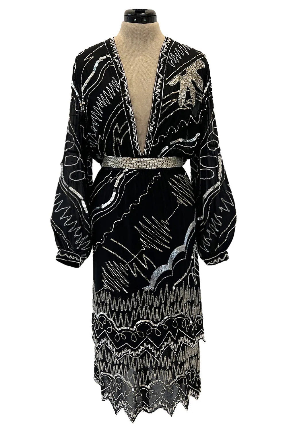Sexy 1980s Fabrice Simon Black Densely Beaded Silk Chiffon Dress w PLunge Front