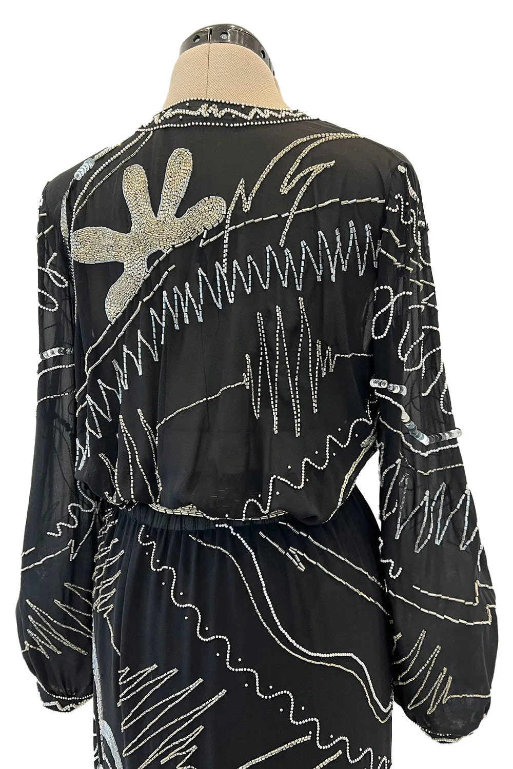 Sexy 1980s Fabrice Simon Black Densely Beaded Silk Chiffon Dress w PLunge Front