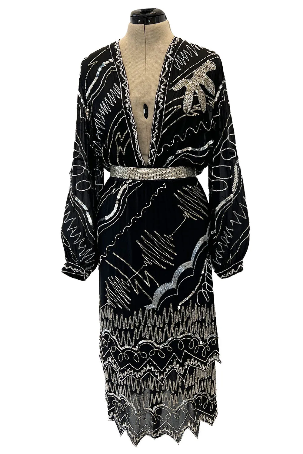 Sexy 1980s Fabrice Simon Black Densely Beaded Silk Chiffon Dress w PLunge Front