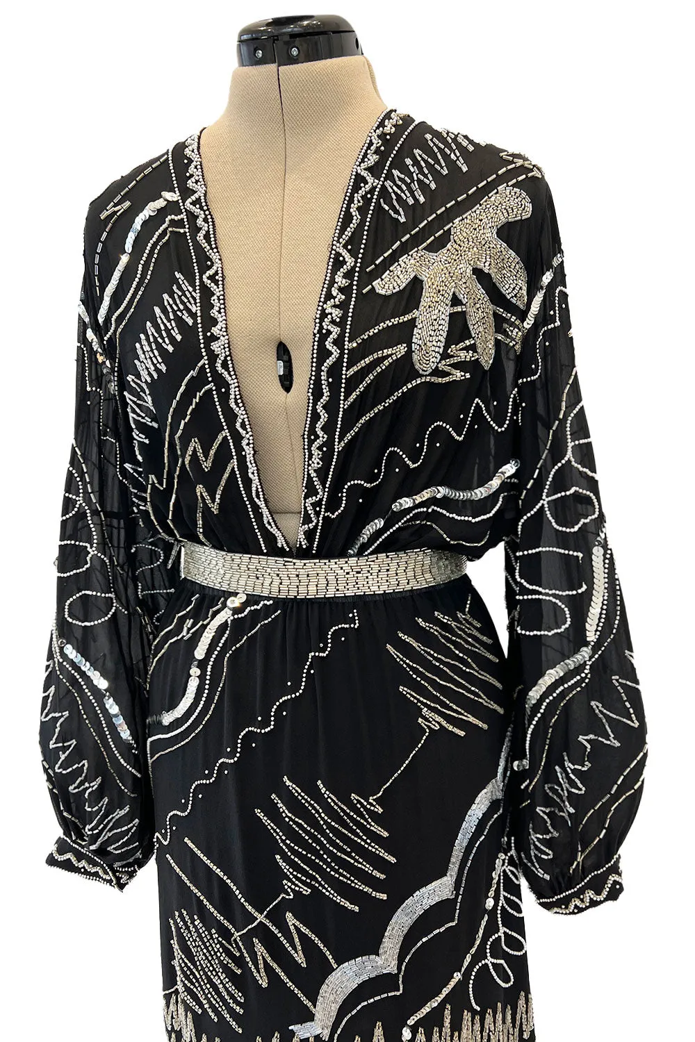 Sexy 1980s Fabrice Simon Black Densely Beaded Silk Chiffon Dress w PLunge Front