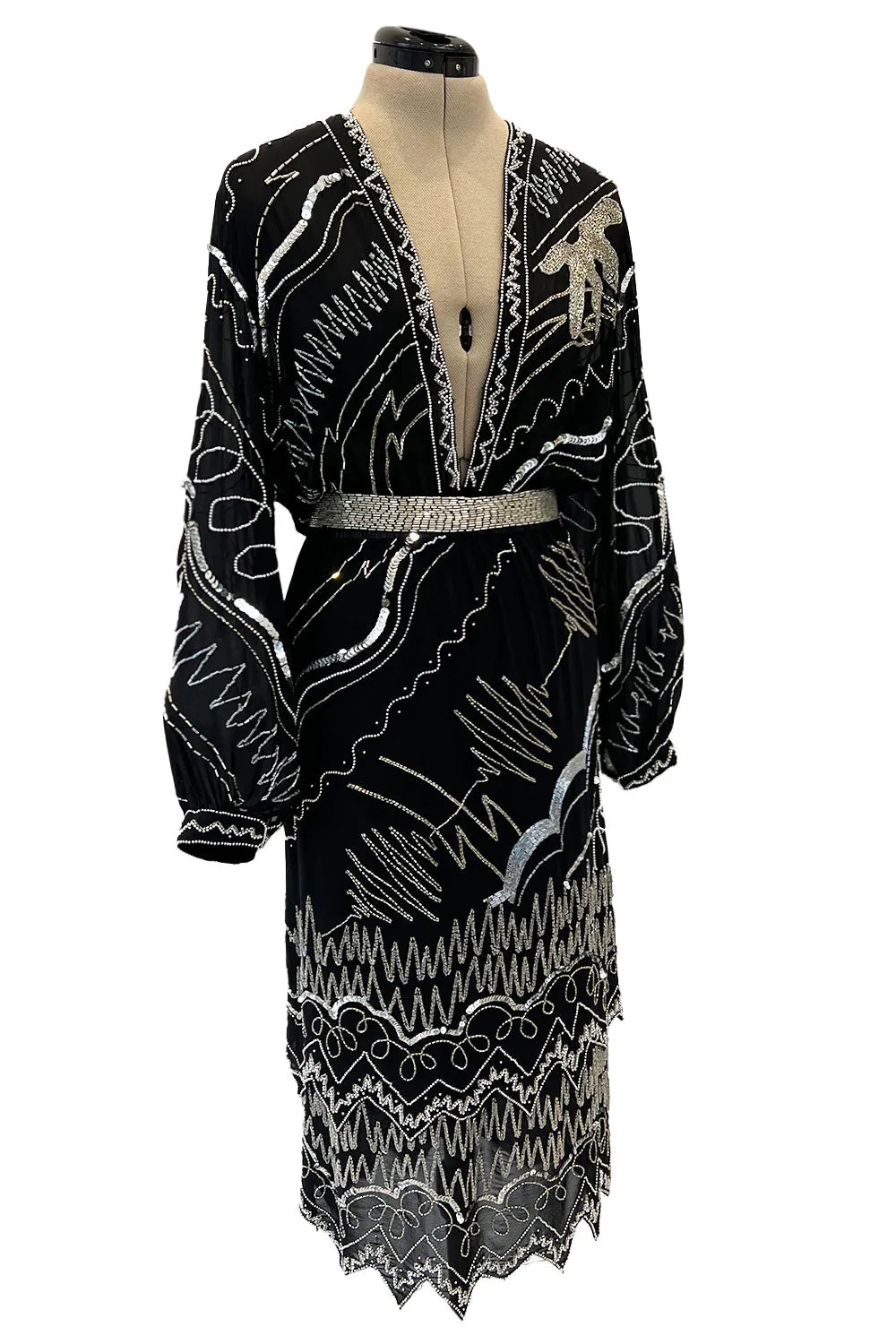 Sexy 1980s Fabrice Simon Black Densely Beaded Silk Chiffon Dress w PLunge Front