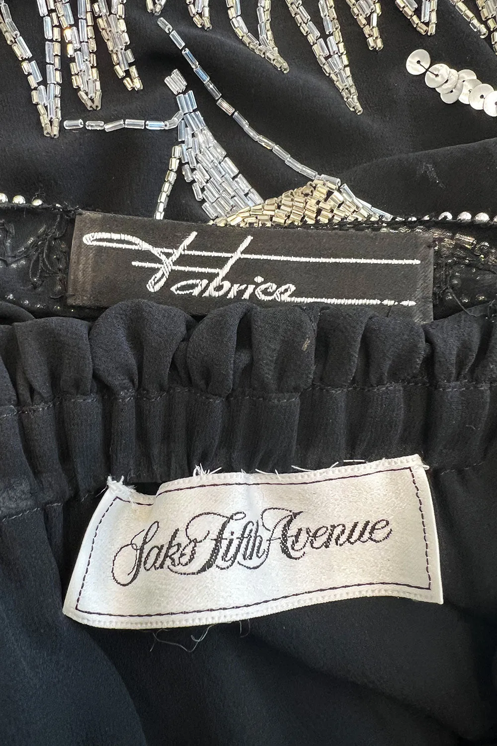 Sexy 1980s Fabrice Simon Black Densely Beaded Silk Chiffon Dress w PLunge Front
