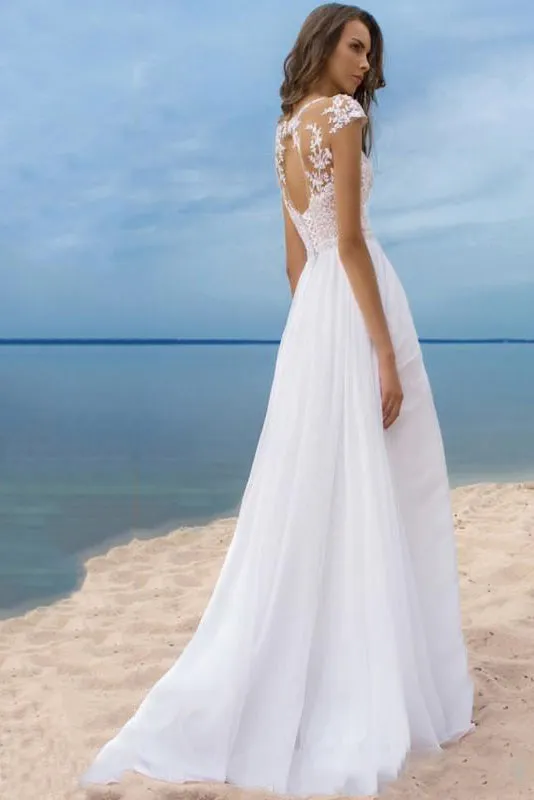 Sexy Beach Chiffon A-line Scoop-neck Cap-sleeve Slit Front Dress-715622