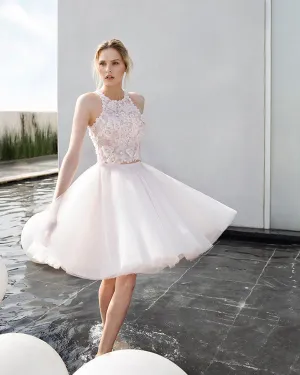 Sexy Light Champagne Short Wedding Dress with 3D Flowers Sheer Tulle Back Ball Gowns Ruffles