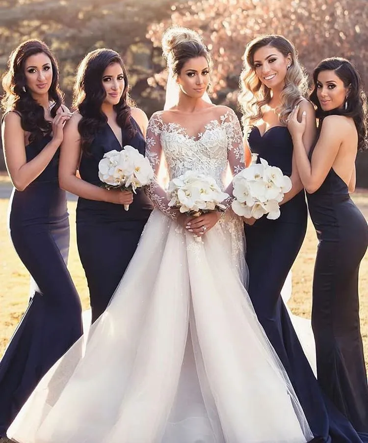 Sexy Long Mermaid Convertible Dark Navy Bridesmaid Dresses