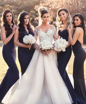 Sexy Long Mermaid Convertible Dark Navy Bridesmaid Dresses