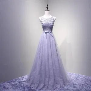 Sexy Open Back Lilac Lace Beaded Evening Prom Dresses, Popular Lace Party Prom Dresses, Custom Long Prom Dresses, Cheap Formal Prom Dresses, 17180