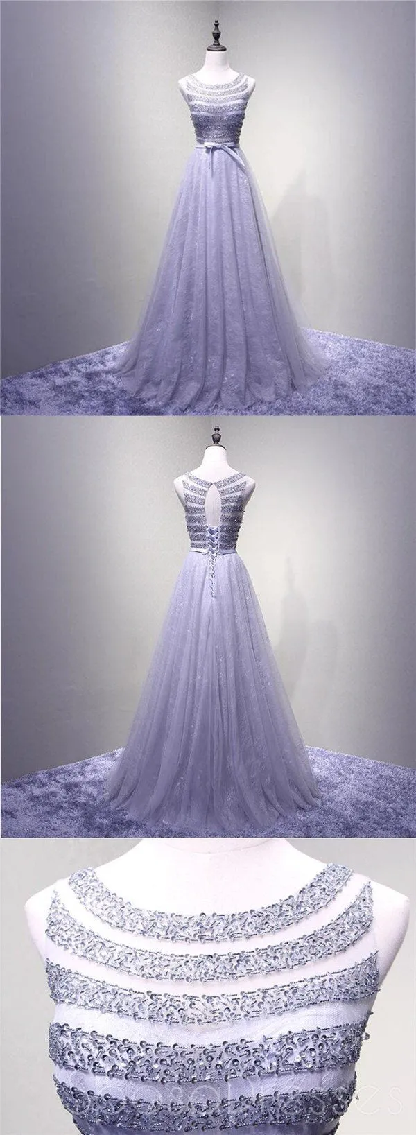 Sexy Open Back Lilac Lace Beaded Evening Prom Dresses, Popular Lace Party Prom Dresses, Custom Long Prom Dresses, Cheap Formal Prom Dresses, 17180