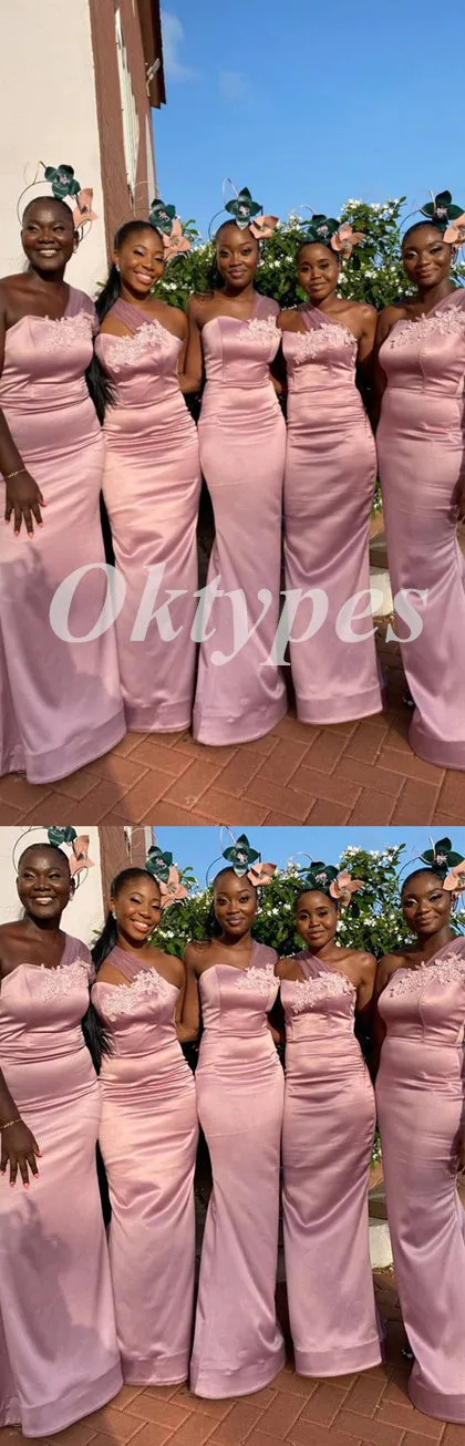 Sexy Soft Satin And Tulle One Shoulder Sleeveless Mermaid Floor Length Bridesmaid Dressses With Applique, BDS0252