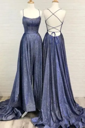 Sexy Spaghetti Straps Ruffles Prom Dress with Slit A-line Evening Dress