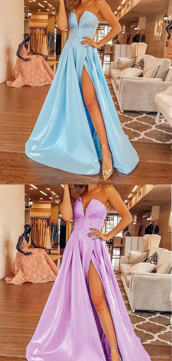 Sexy Strapless A-line Lavender Blue Side-slit V-neck Prom Dresses, PD2396