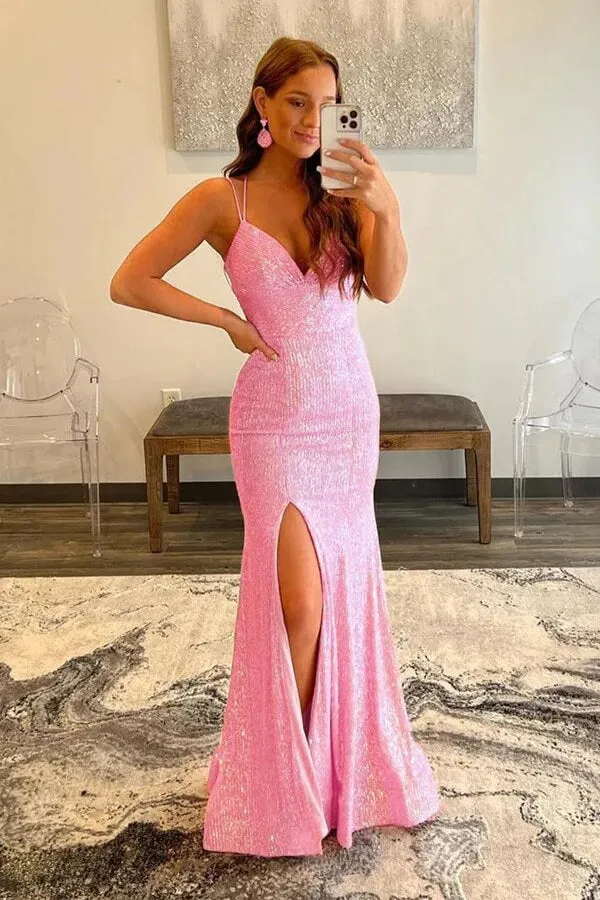 Shiny Pink Mermaid V-neck Spaghetti Straps Prom Dresses, Party Dresses, MP821