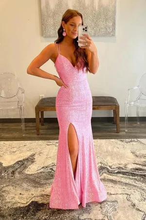 Shiny Pink Mermaid V-neck Spaghetti Straps Prom Dresses, Party Dresses, MP821