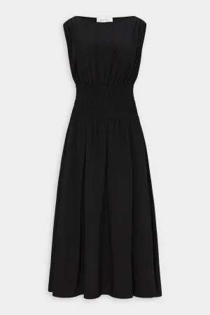 Shirred Boat Neck Dress in Black