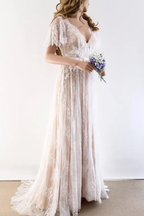 Short Sleeve Wedding Dresses V Neck A Line Appliques Sexy Lace Backless Bridal Gown OHD209