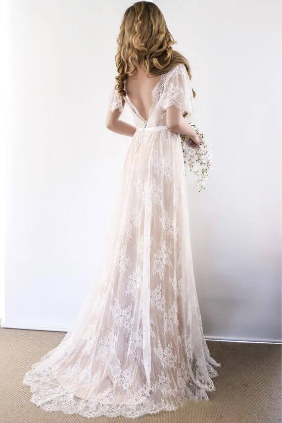 Short Sleeve Wedding Dresses V Neck A Line Appliques Sexy Lace Backless Bridal Gown OHD209
