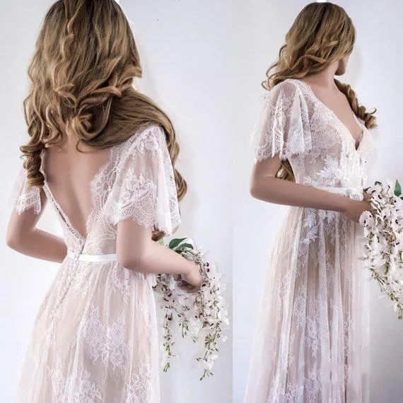 Short Sleeve Wedding Dresses V Neck A Line Appliques Sexy Lace Backless Bridal Gown OHD209