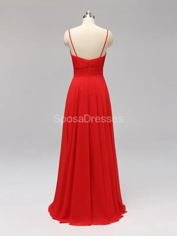 Side Slit Spaghetti Straps Red Chiffon Long Cheap Bridesmaid Dresses Online, WG592