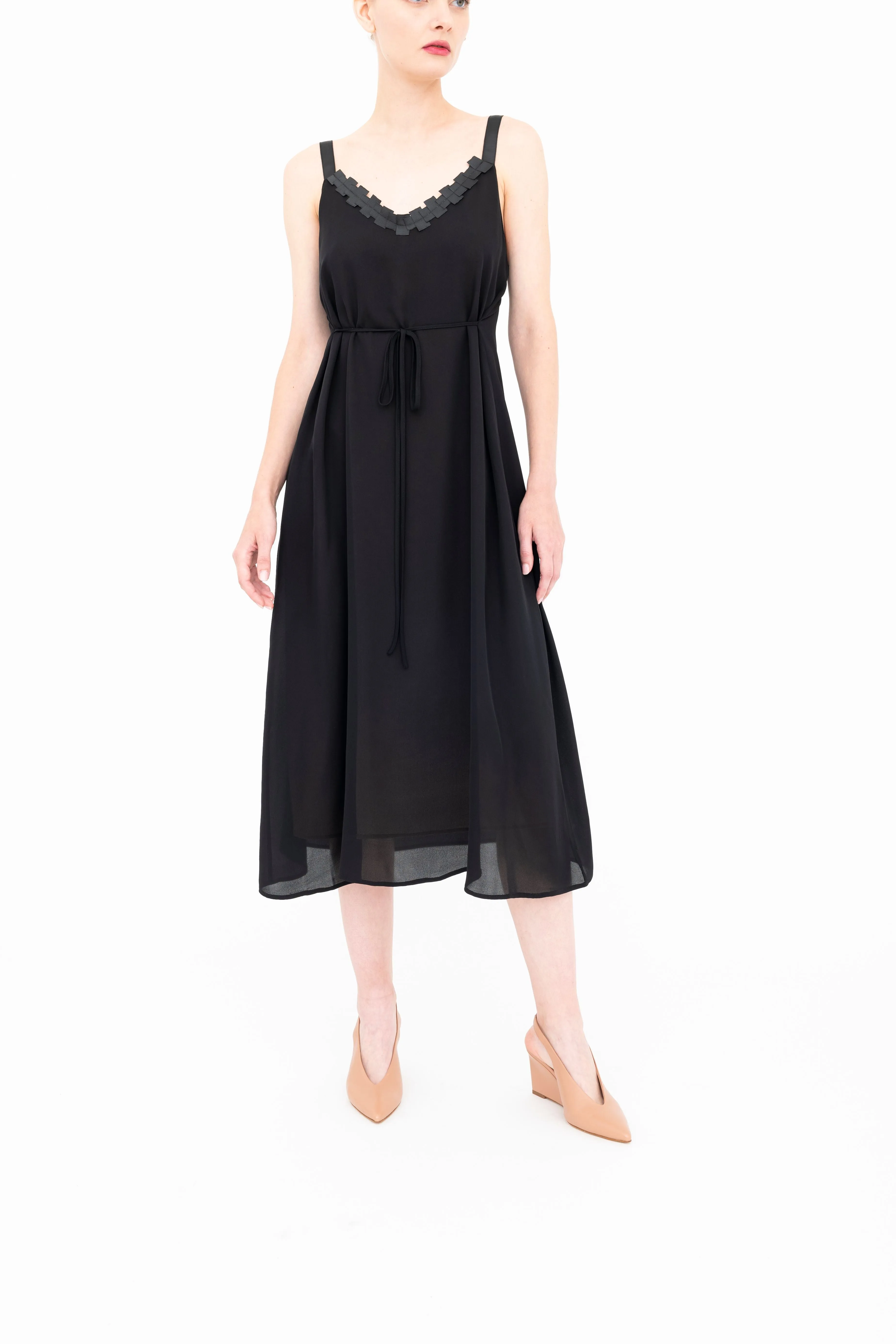 Silk Georgette Strap Midi Dress with Grosgrain Trim - BABETTE