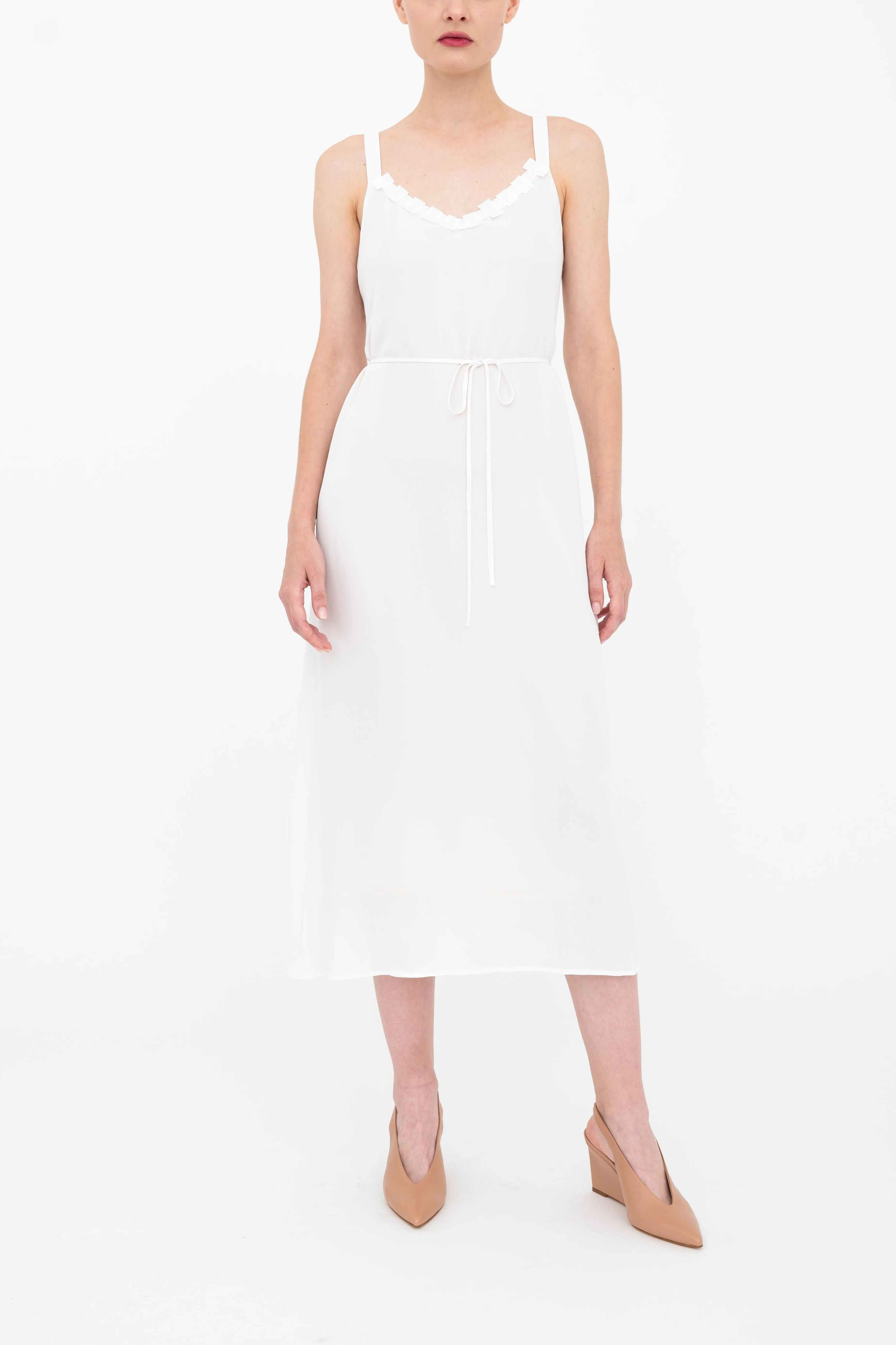 Silk Georgette Strap Midi Dress with Grosgrain Trim - BABETTE