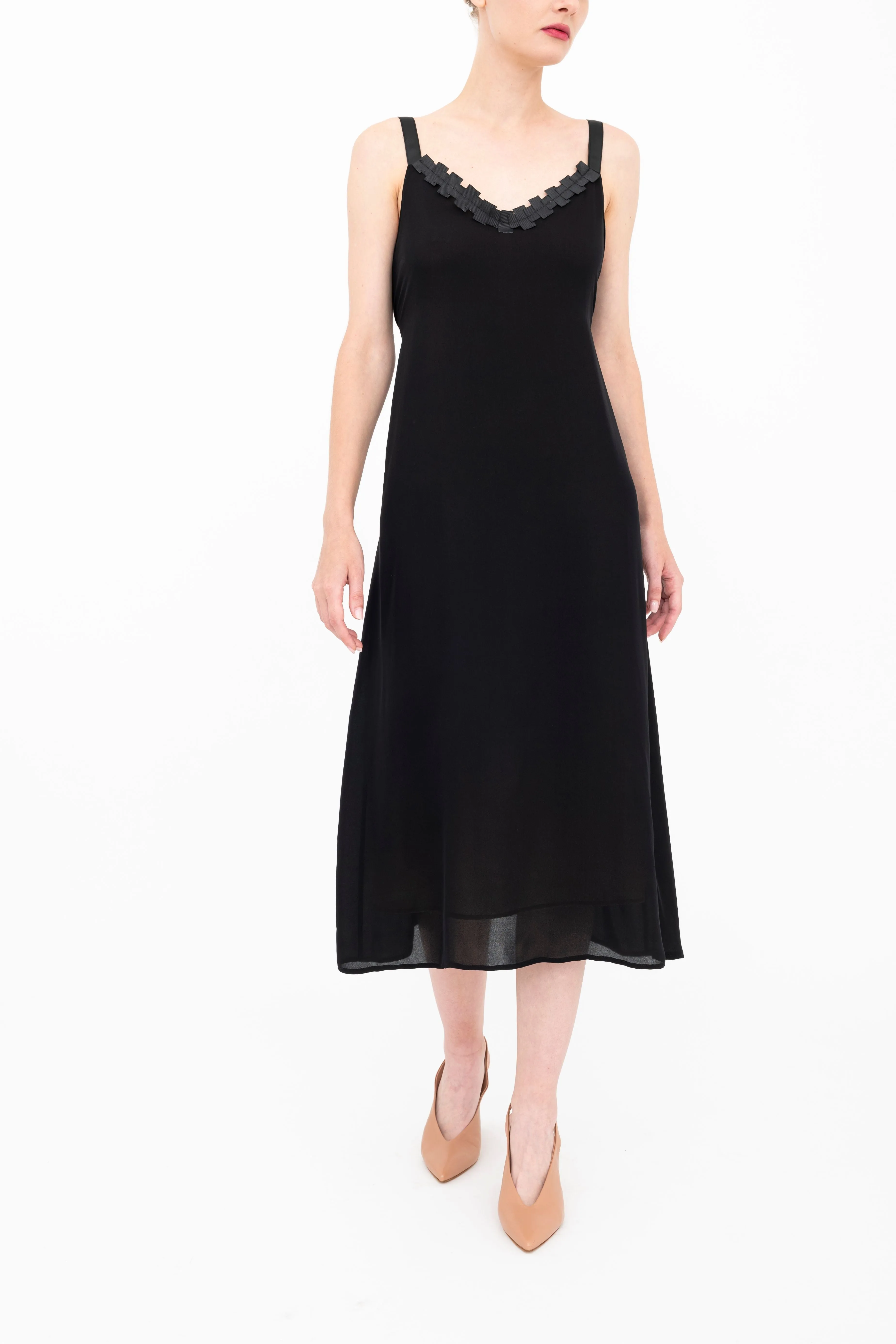 Silk Georgette Strap Midi Dress with Grosgrain Trim - BABETTE