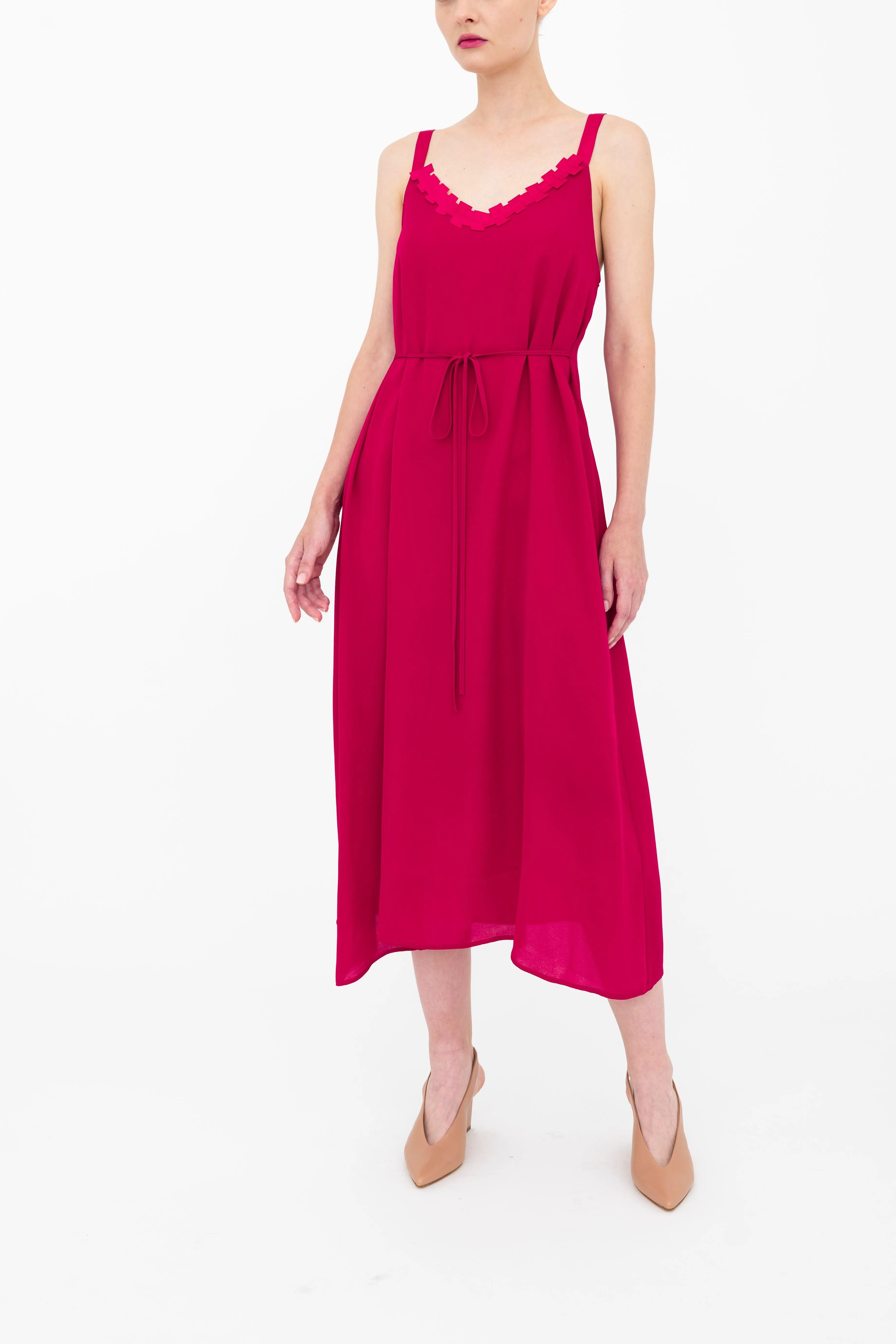 Silk Georgette Strap Midi Dress with Grosgrain Trim - BABETTE