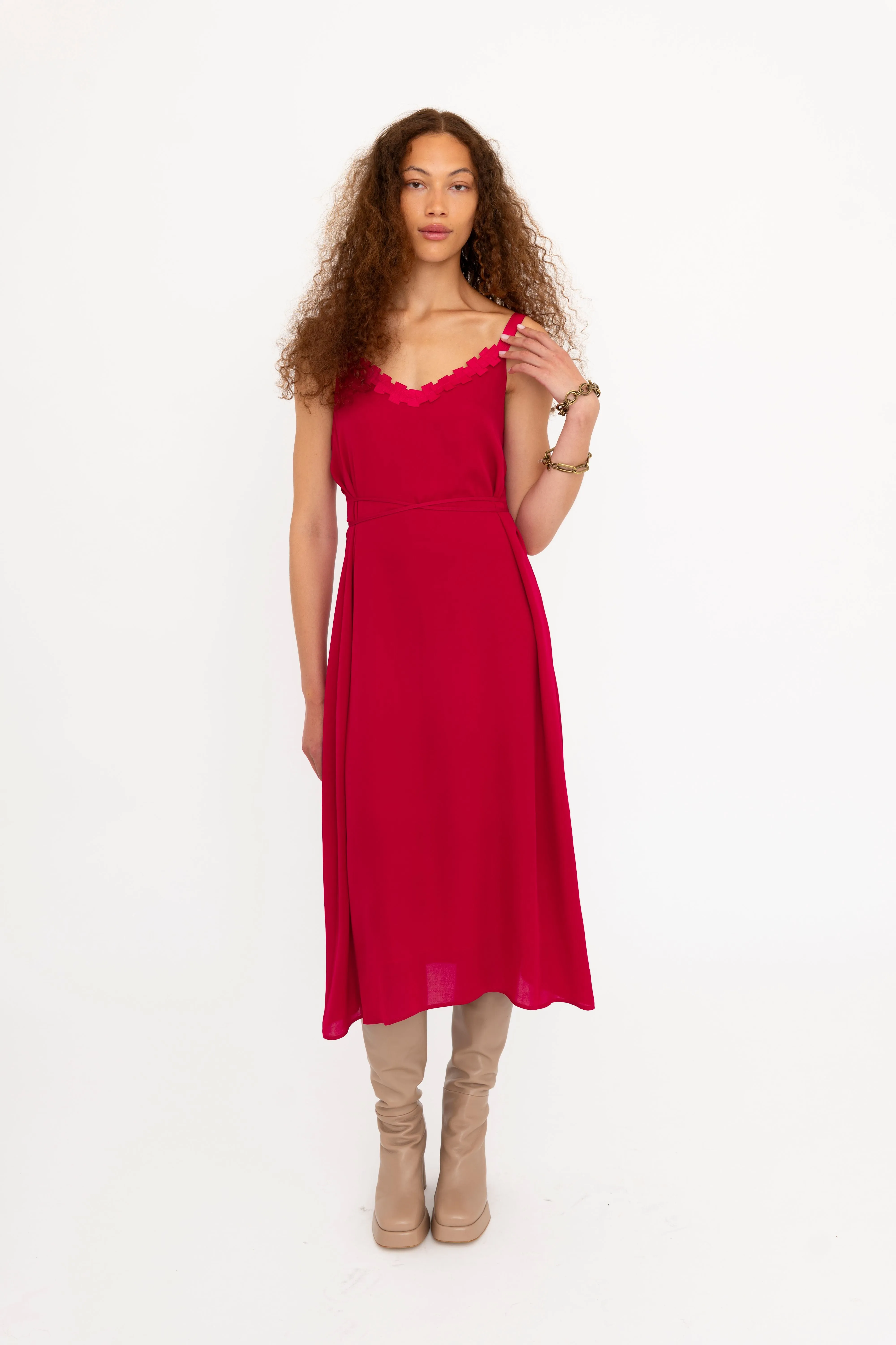 Silk Georgette Strap Midi Dress with Grosgrain Trim - BABETTE