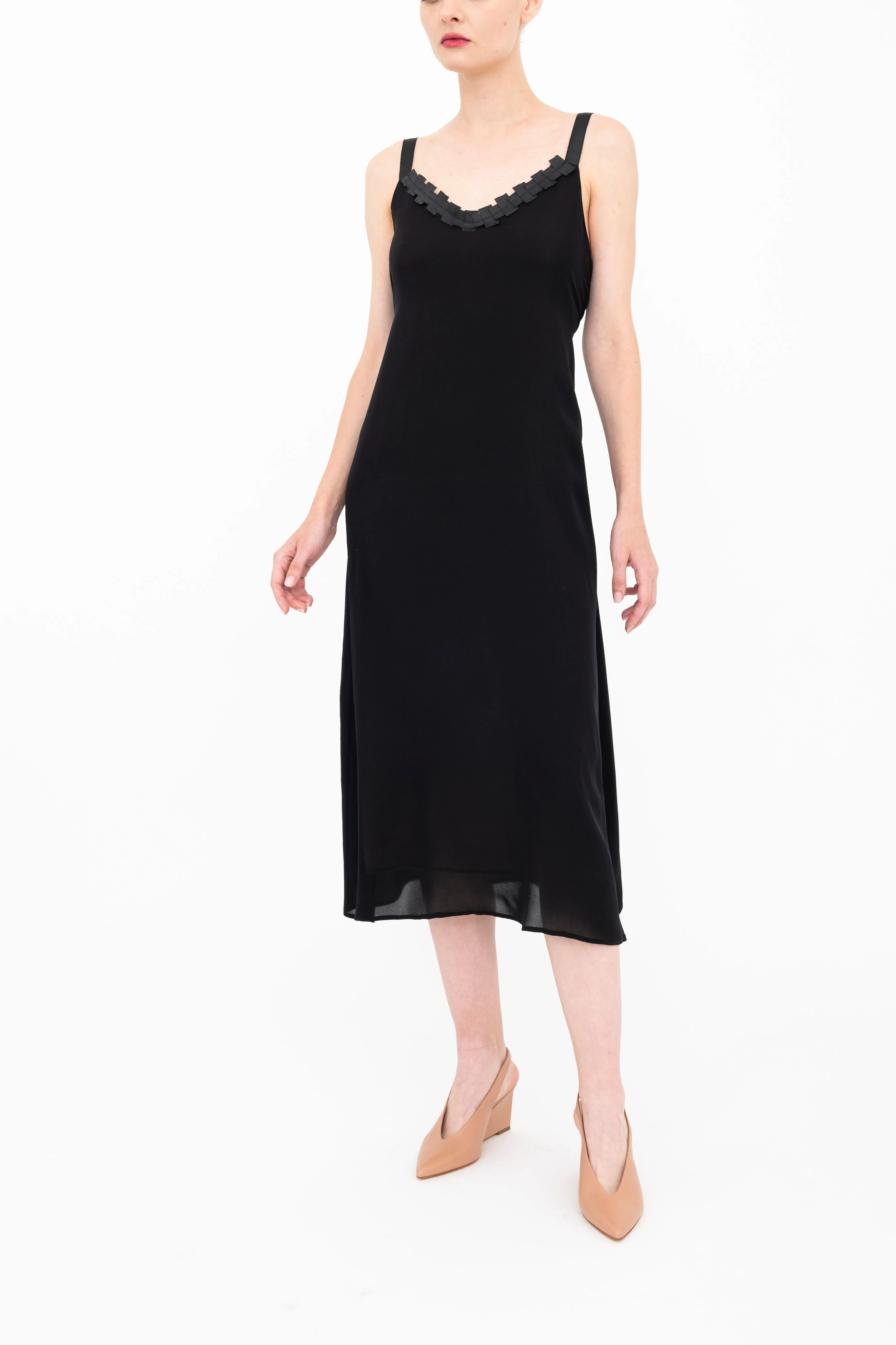 Silk Georgette Strap Midi Dress with Grosgrain Trim - BABETTE
