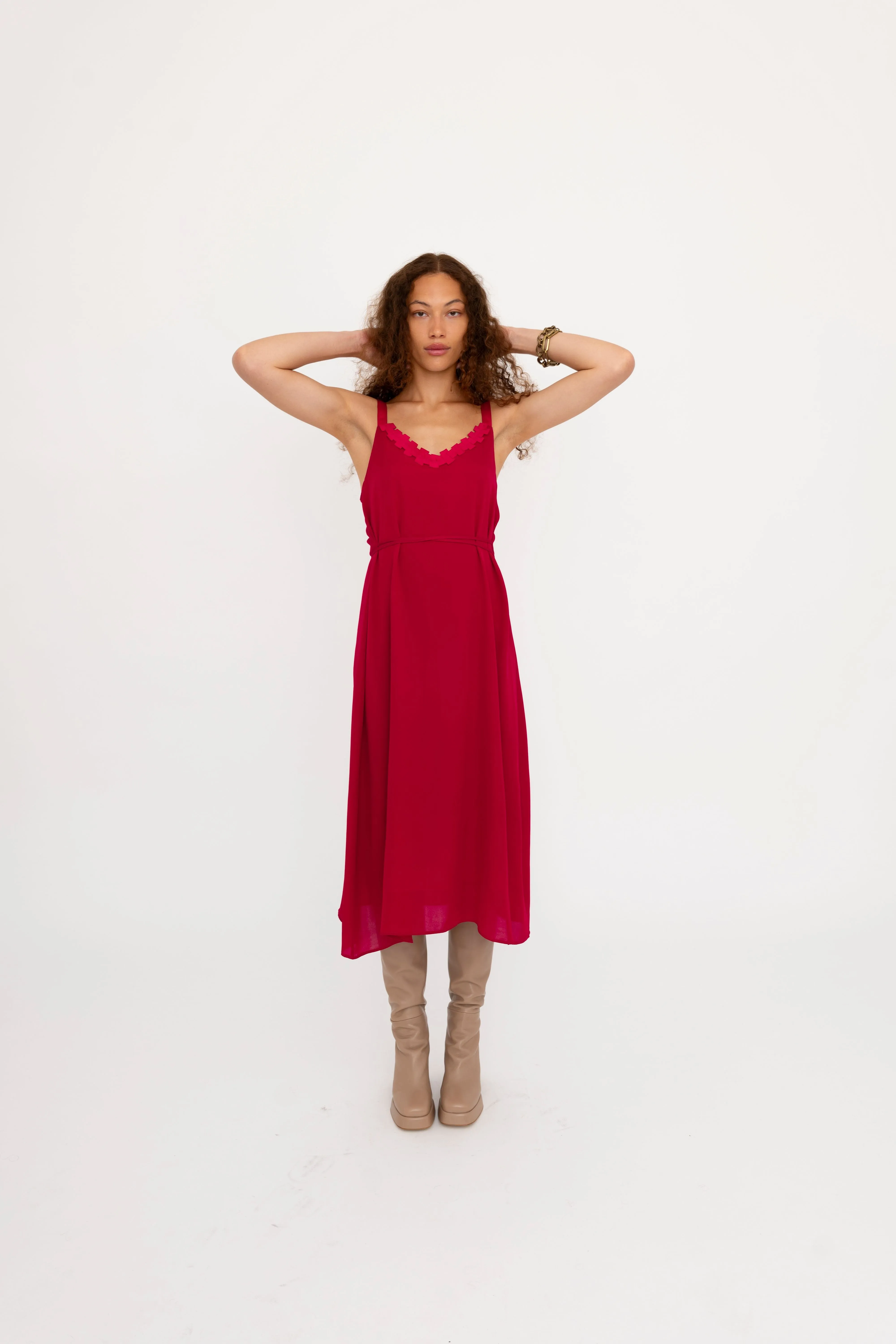 Silk Georgette Strap Midi Dress with Grosgrain Trim - BABETTE