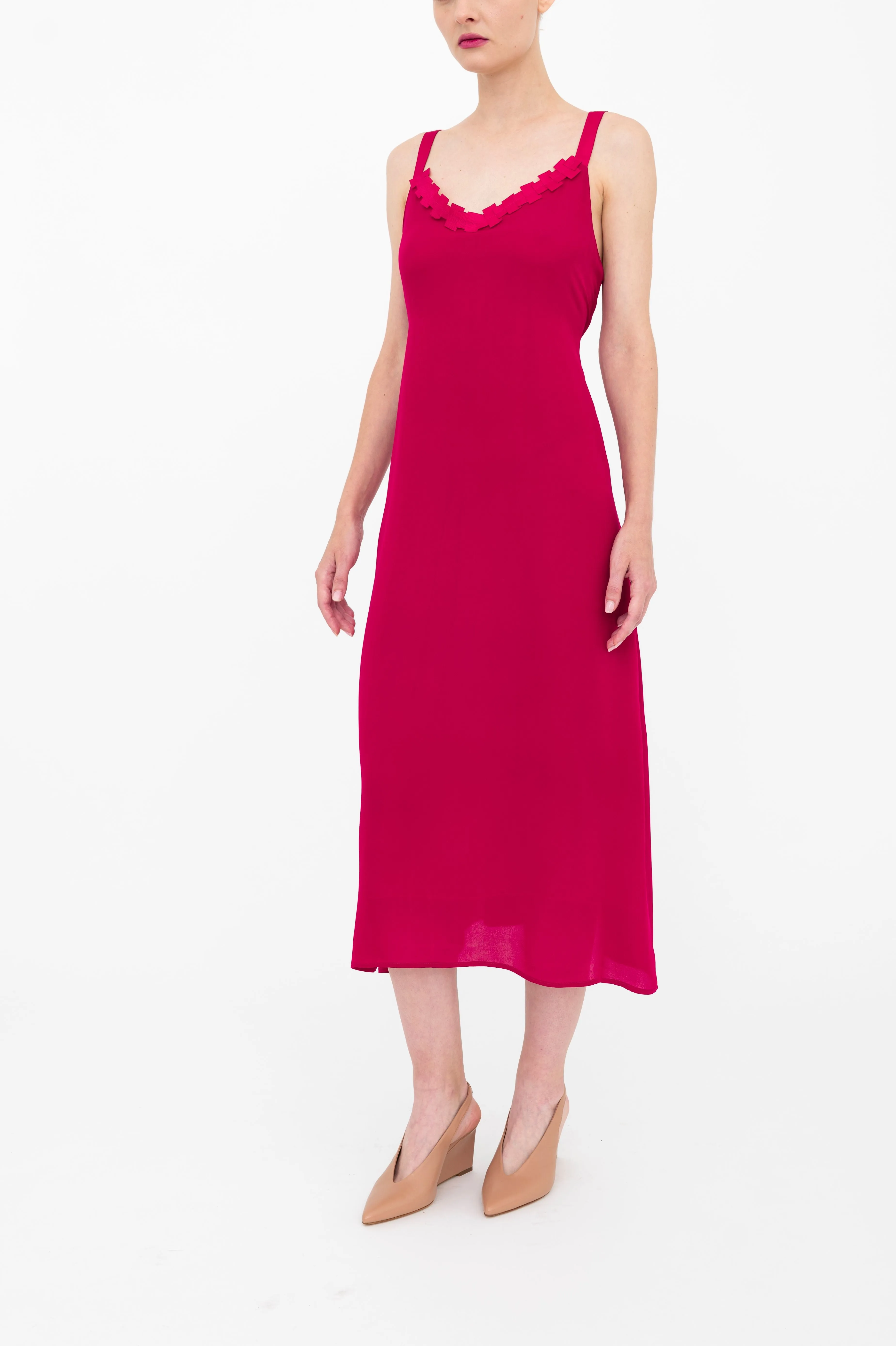 Silk Georgette Strap Midi Dress with Grosgrain Trim - BABETTE