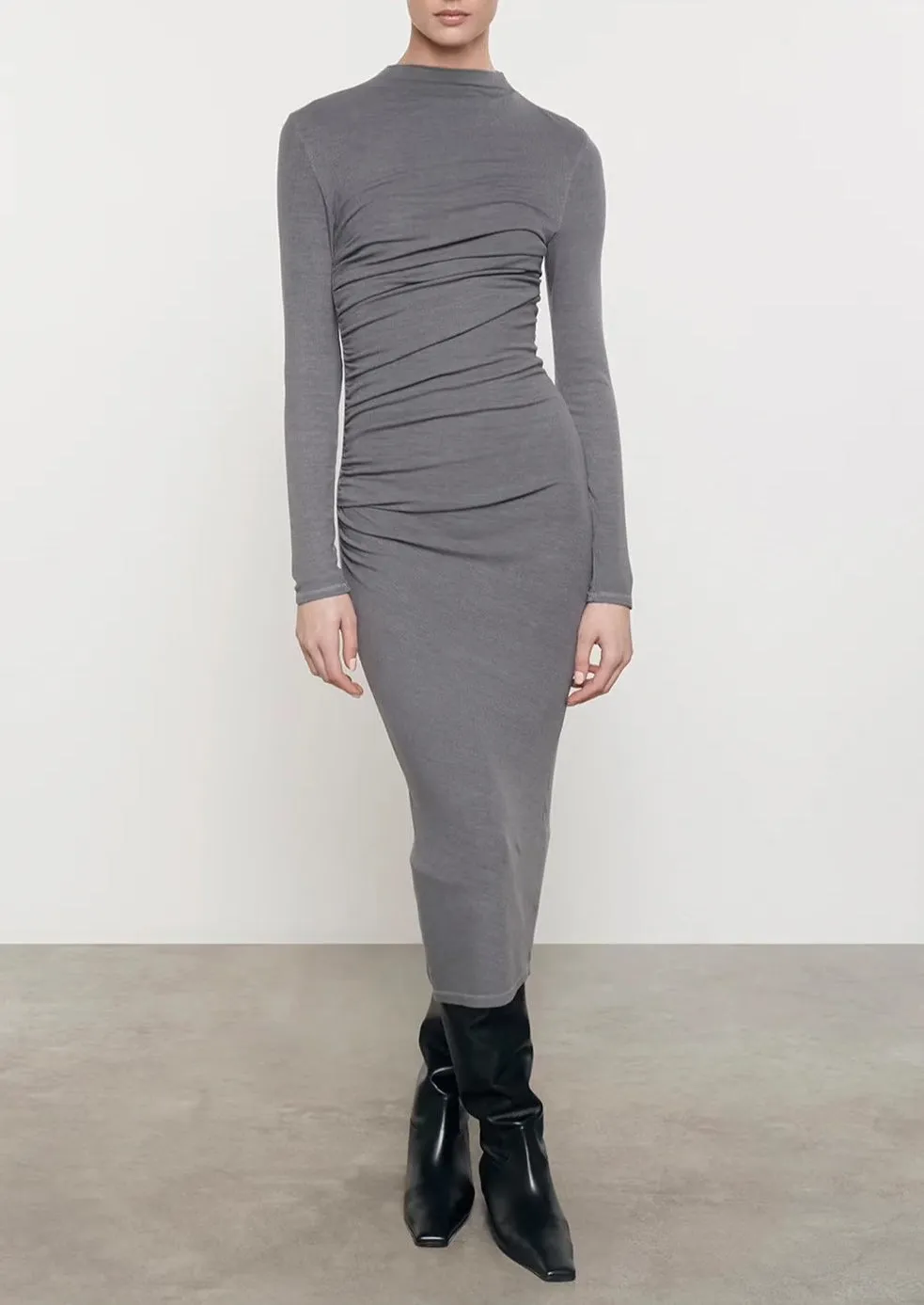 Silk Knit L/S Twist Midi Dress