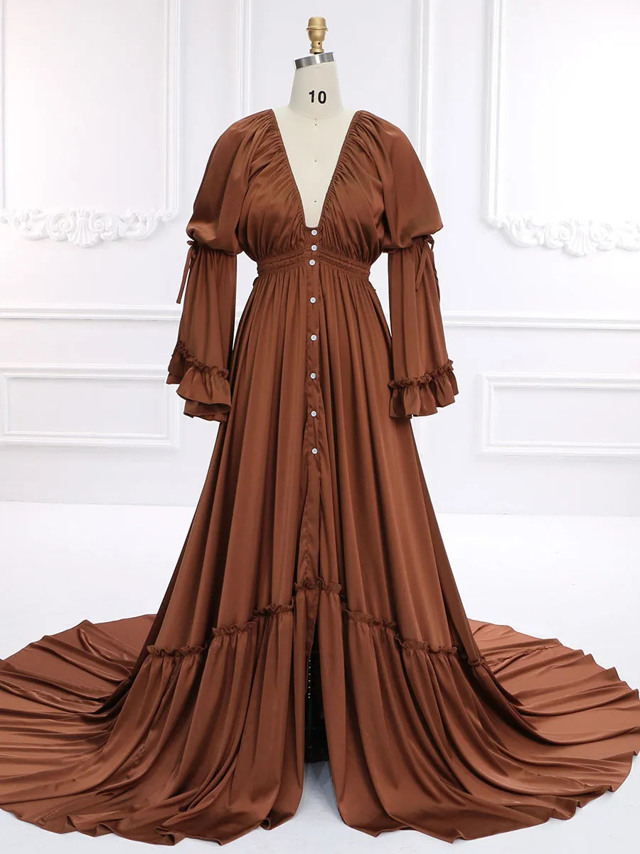 Silk Soft Satin Woman Dress Long Sleeves Maxi Gown Photography Shoot Dresses YD211202