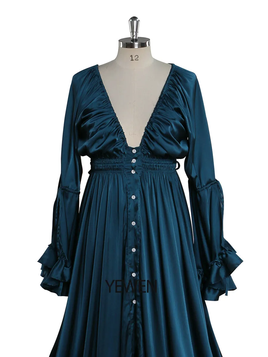 Silk Soft Satin Woman Dress Long Sleeves Maxi Gown Photography Shoot Dresses YD211202