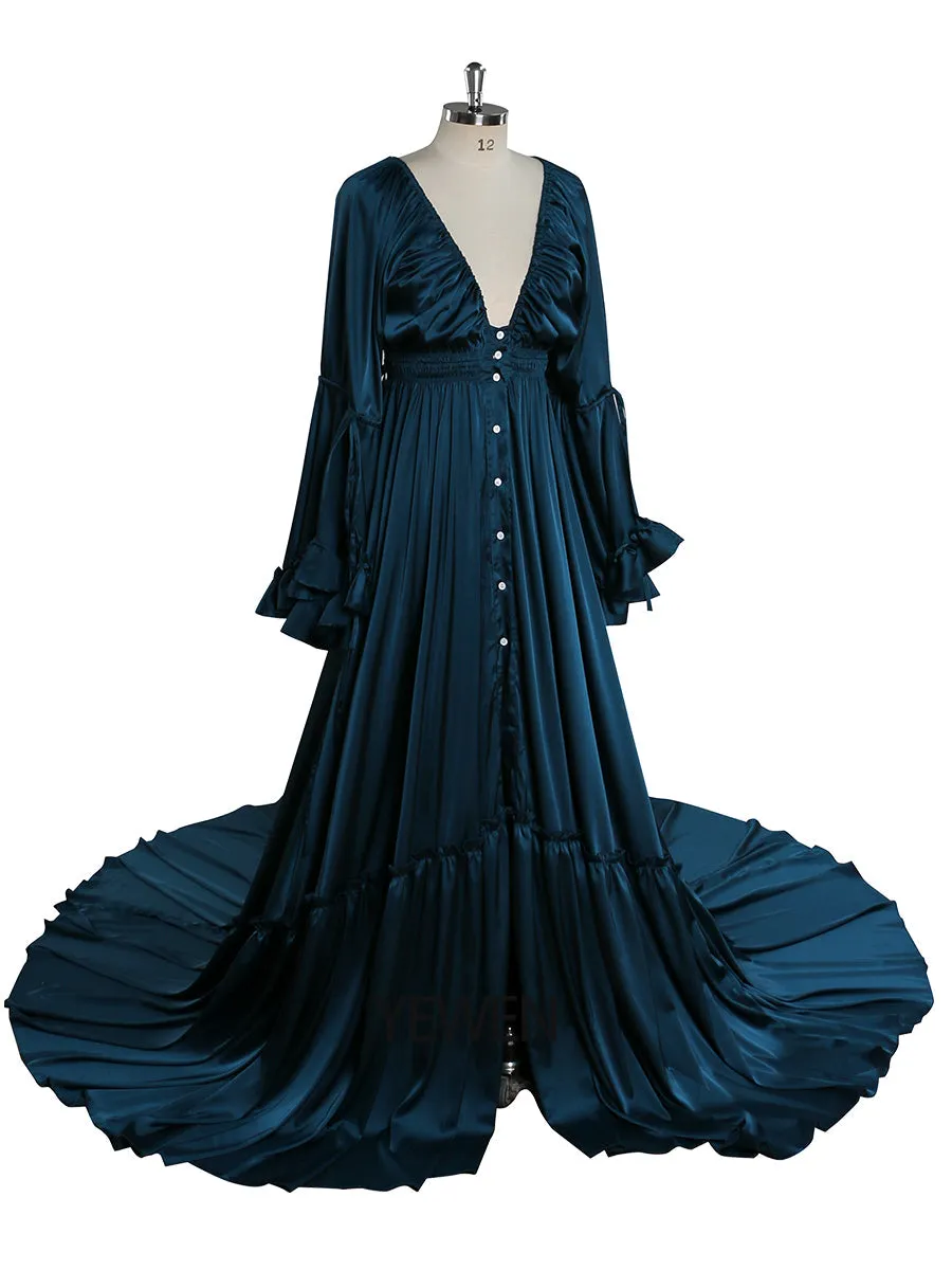 Silk Soft Satin Woman Dress Long Sleeves Maxi Gown Photography Shoot Dresses YD211202