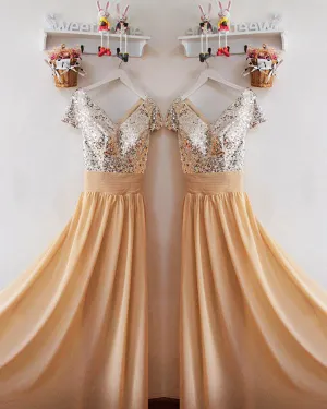Silver Sequins Gold Chiffon Bridesmaid Dresses Ruffles V-Neck Floor Length