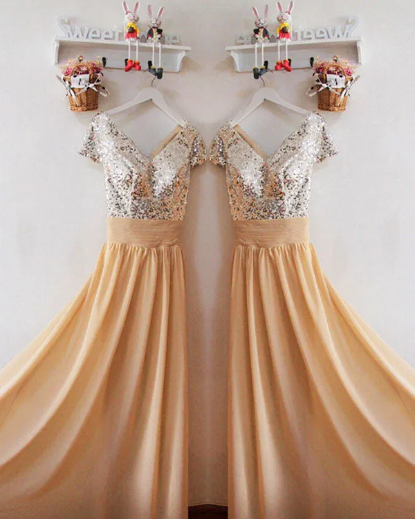 Silver Sequins Gold Chiffon Bridesmaid Dresses Ruffles V-Neck Floor Length
