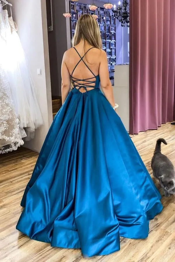 Simple Blue Satin A-line Scoop Backless Long Prom Dresses, Evening Gowns, SP835