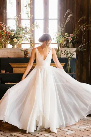 Simple Chiffon A-line Sleeveless Beach Wedding Dresses, Bridal Gown, MW817