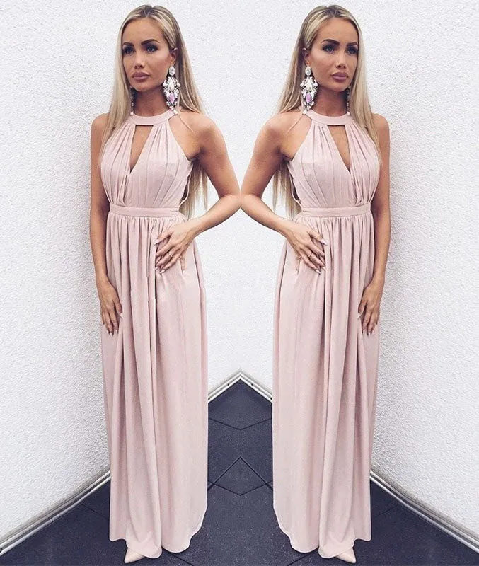 Simple chiffon pink evening dress, pink chiffon bridesmaid dress