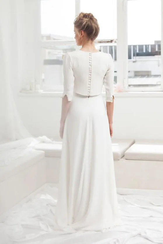 Simple Modest Chiffon Two Piece Bridal Gown With Sweep Train and Half Sleeves-715707