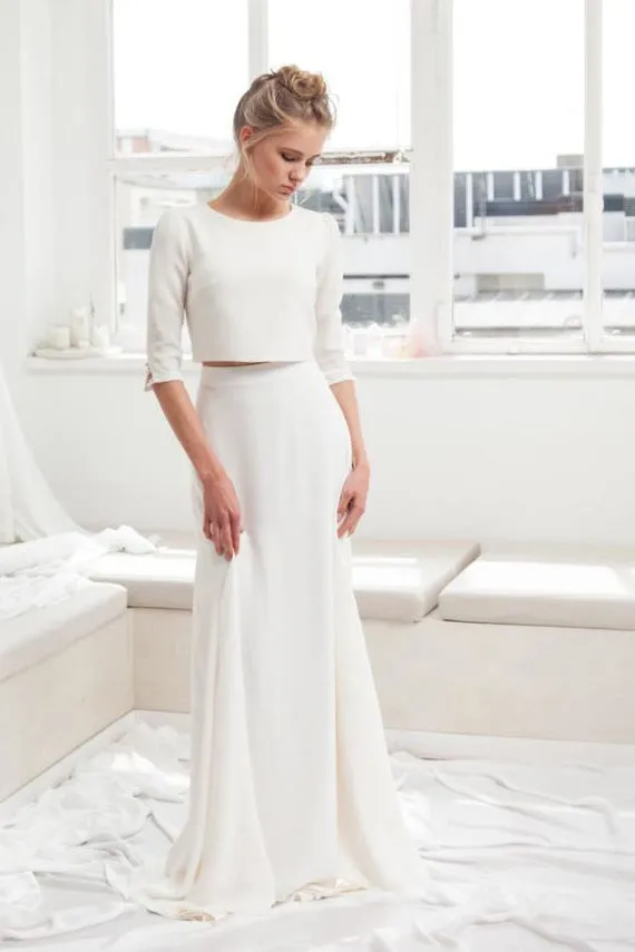 Simple Modest Chiffon Two Piece Bridal Gown With Sweep Train and Half Sleeves-715707