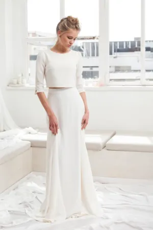 Simple Modest Chiffon Two Piece Bridal Gown With Sweep Train and Half Sleeves-715707