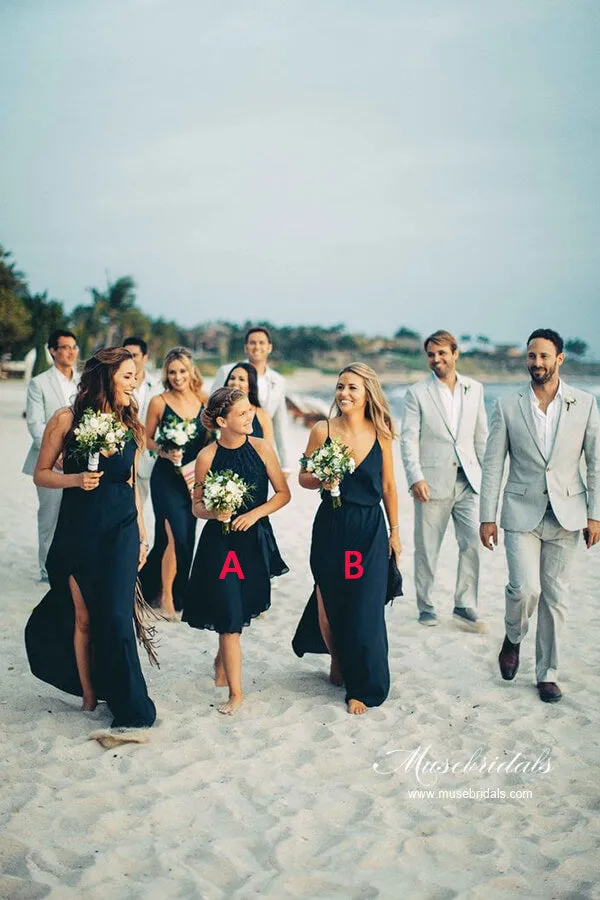 Simple Navy Chiffon A-line Spaghetti Straps Bridesmaid Dresses With Slit, MBD279
