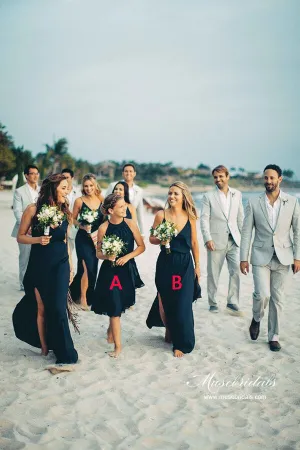 Simple Navy Chiffon A-line Spaghetti Straps Bridesmaid Dresses With Slit, MBD279
