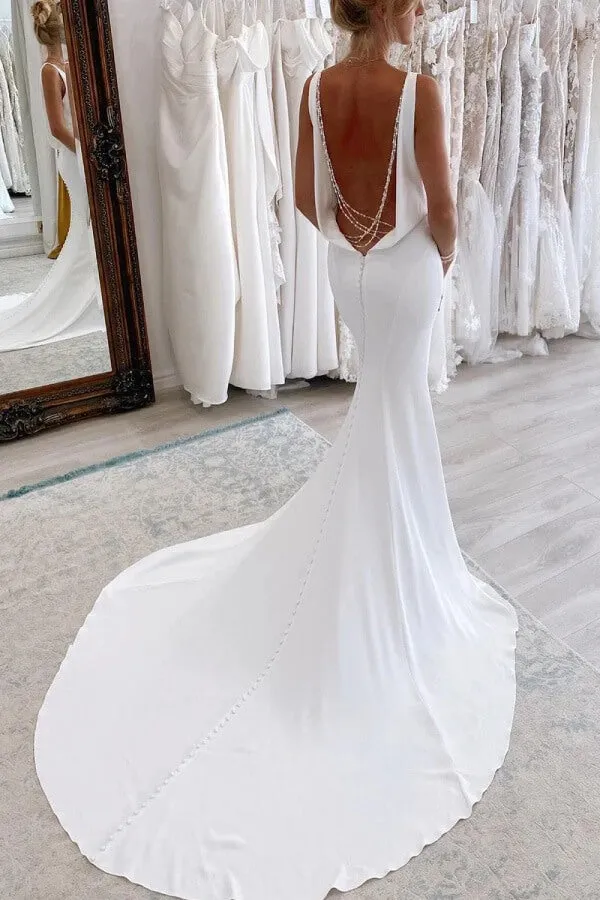 Simple Satin Mermaid V-neck Long Wedding Dresses With Court Train, MW1063