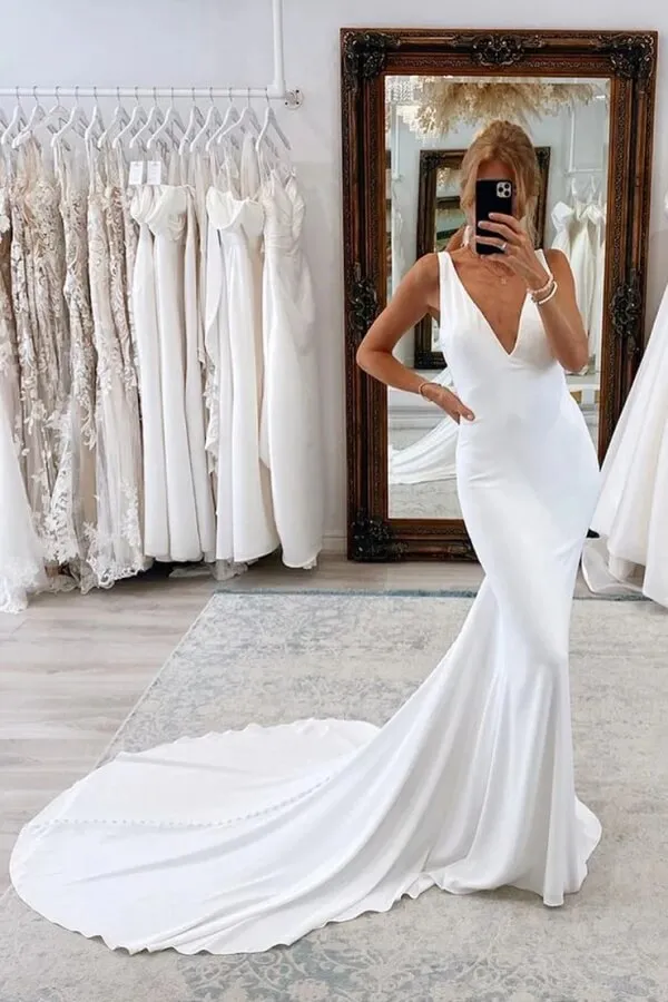 Simple Satin Mermaid V-neck Long Wedding Dresses With Court Train, MW1063