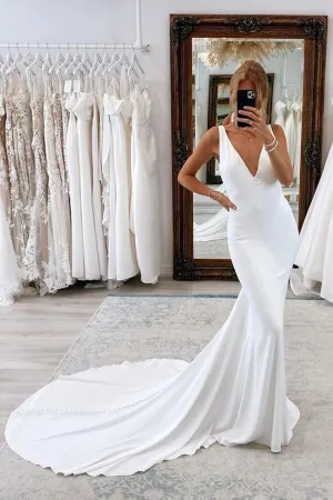 Simple Satin Mermaid V-neck Long Wedding Dresses With Court Train, MW1063