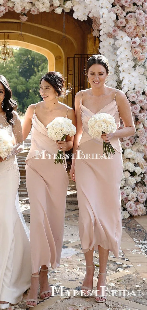 Simple Spaghetti Strap Pink Elastic Silk Mermaid Long Cheap Bridesmaid Dresses, BDS0082
