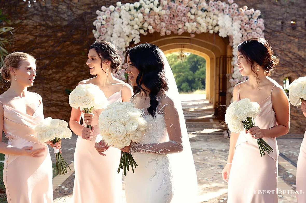 Simple Spaghetti Strap Pink Elastic Silk Mermaid Long Cheap Bridesmaid Dresses, BDS0082