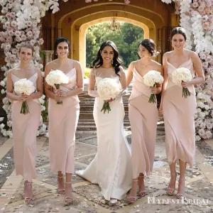 Simple Spaghetti Strap Pink Elastic Silk Mermaid Long Cheap Bridesmaid Dresses, BDS0082